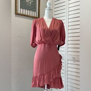 Express Satin Ruched Wrap Front Ruffle Dress